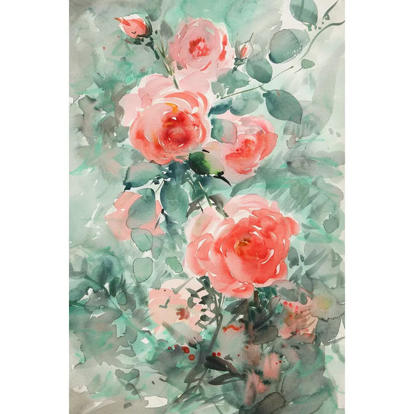 Tableau roses corail à l'aquarelle et feuillage vert d'eau