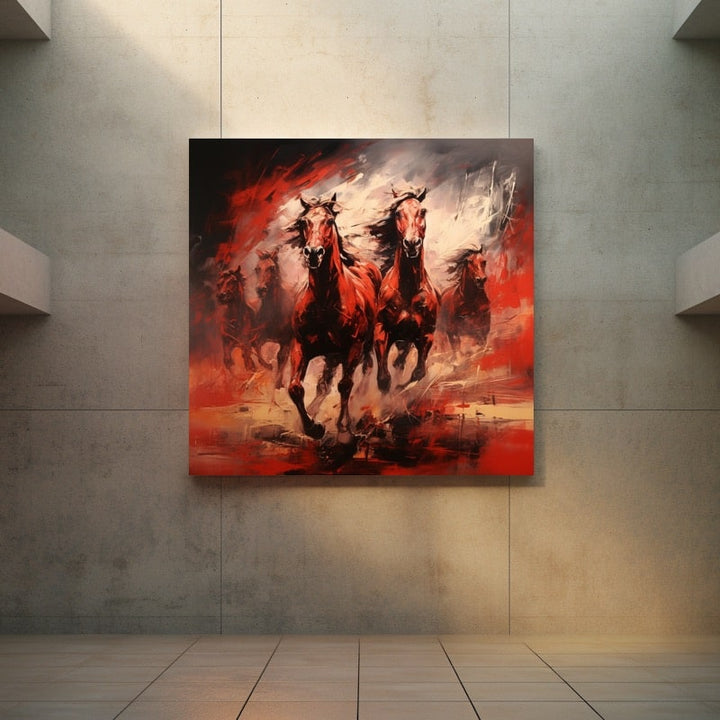 Tableau Rouge avec Chevaux, art mural décoration nature