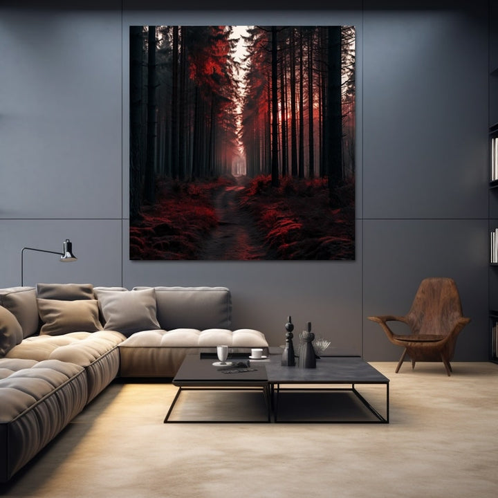 Tableau Rouge Forêt, art mural décoration nature