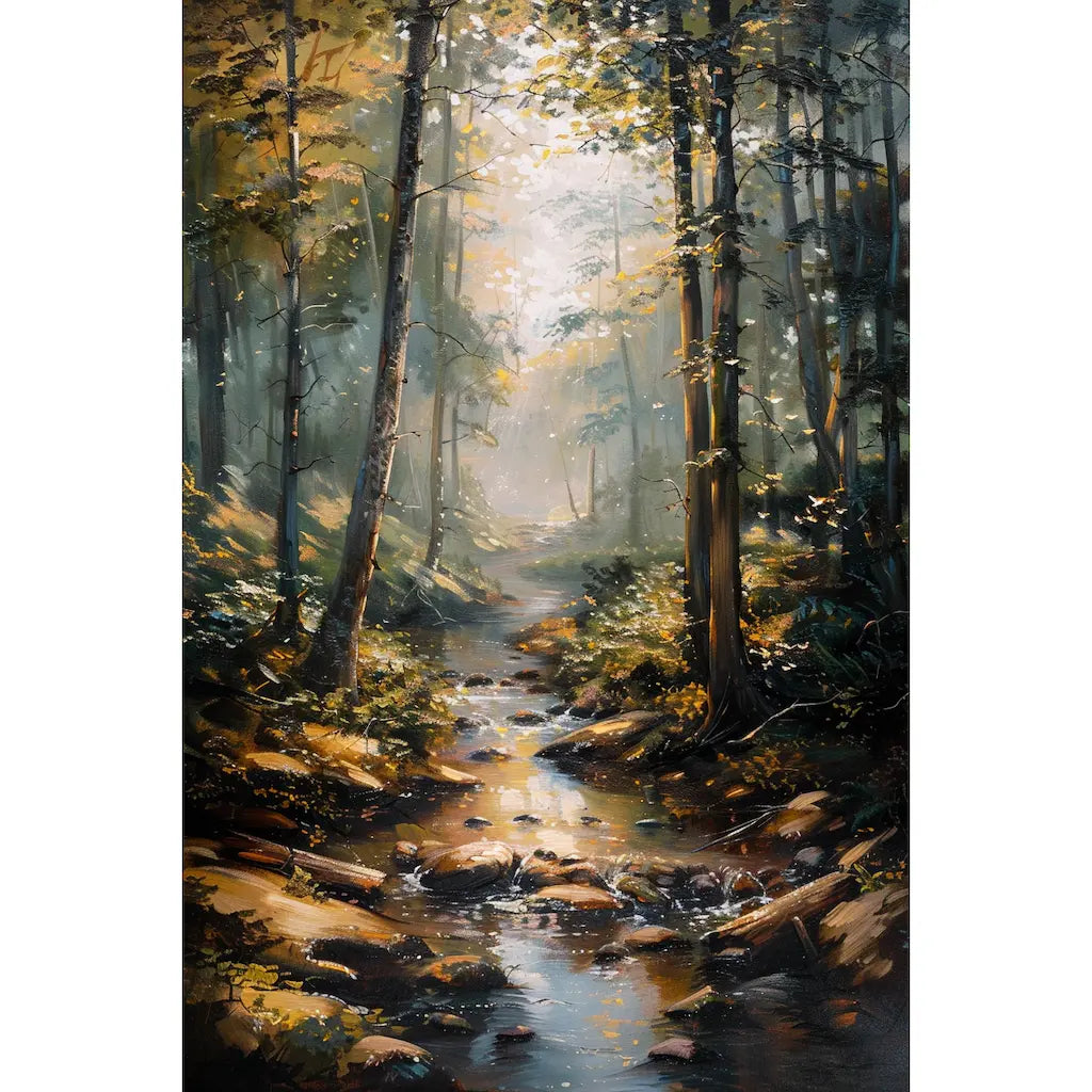 Tableau ruisseau dans un sous-bois automnal lumineux