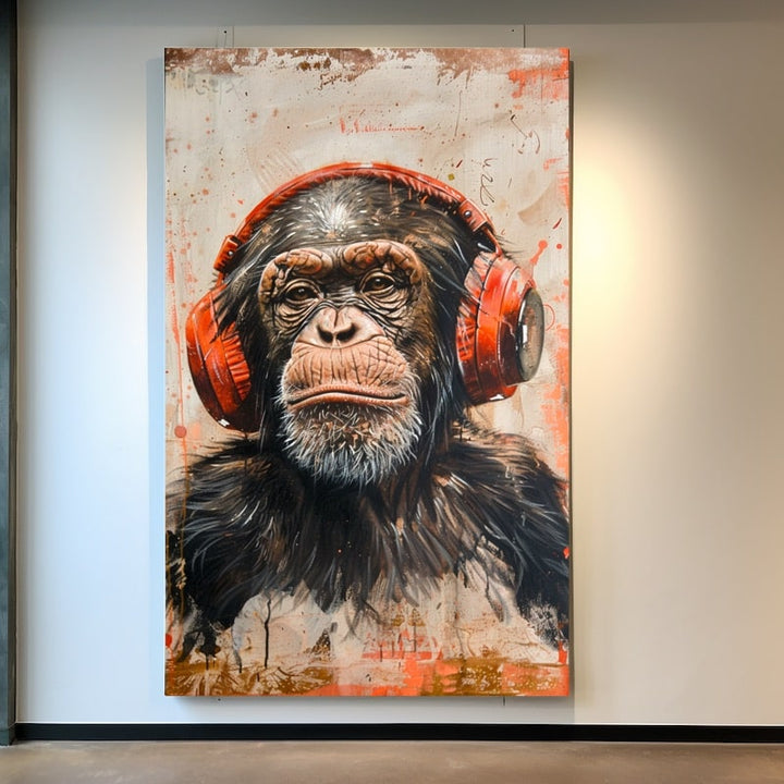 Tableau Singe Casque Musique, art mural décoration nature