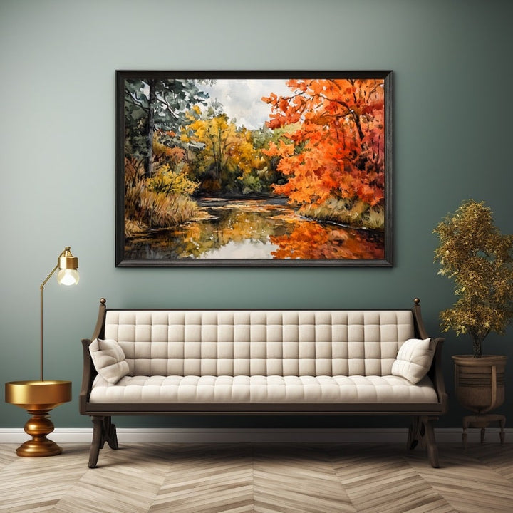 Tableau Forêt d'Automne et Rivière - Érables Flamboyants, art mural décoration nature