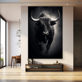 Tableau Taureau Noir et Blanc, art mural décoration nature
