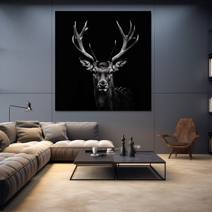 Tableau Tête de Cerf Noir et Blanc, art mural décoration nature