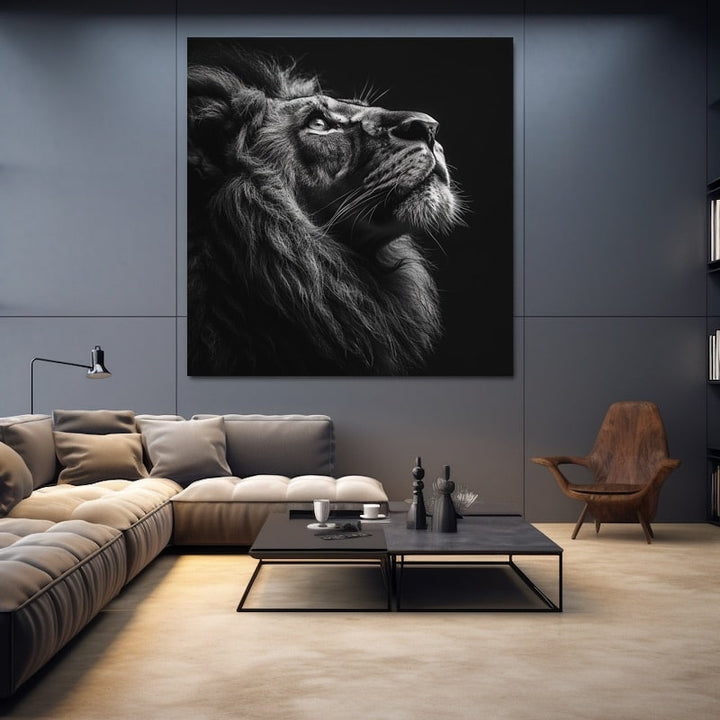 Tableau Tête de Lion Noir et Blanc, art mural décoration nature