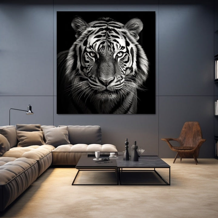 Tableau Tête de Tigre Noir et Blanc, art mural décoration nature