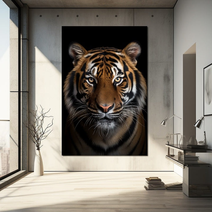 Tableau Portrait de Tigre sur Fond Noir, art mural décoration nature
