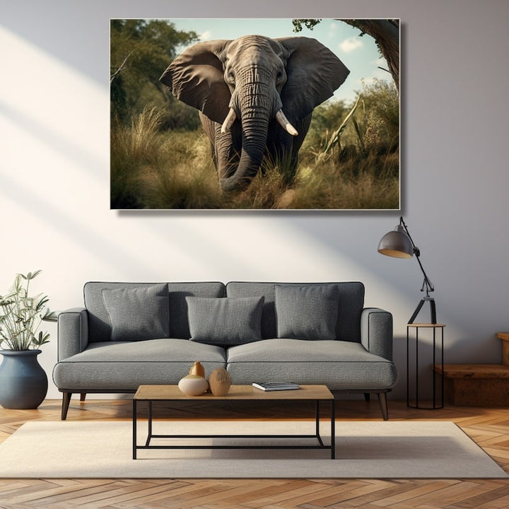 Tableau Éléphant dans les Hautes Herbes, art mural décoration nature
