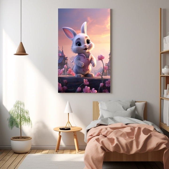 Tableau Toile Rose Fille Lapin, art mural décoration nature