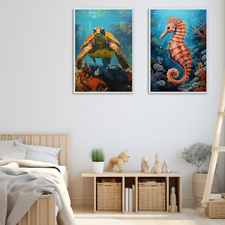 Tableau Tortue Hippocampe, art mural décoration nature