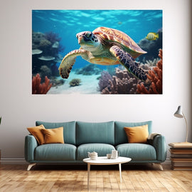 Tableau Tortue Marine et Récif Corallien, art mural décoration nature