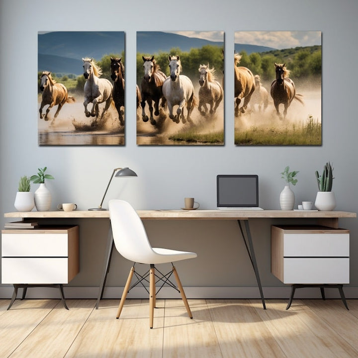Tableau Triptyque Chevaux, art mural décoration nature
