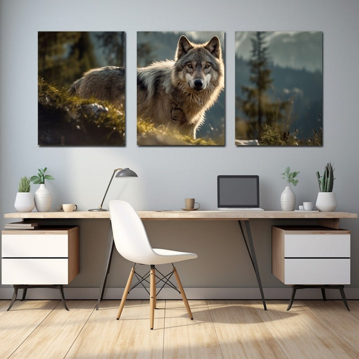 Tableau Triptyque Loup, art mural décoration nature