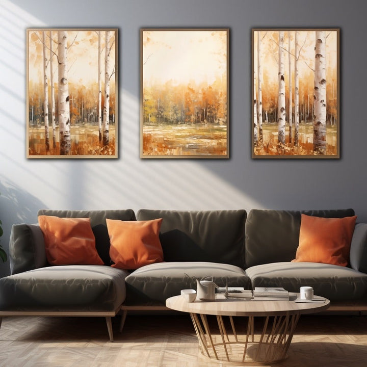 Tableau Triptyque Peinture Forêt Bouleaux, art mural décoration nature