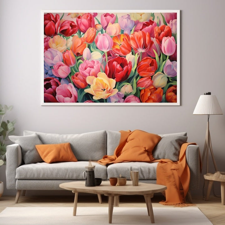 Tableau acrylique d'un massif dense de tulipes rouges, roses, jaunes et mauves serrées en gros plan