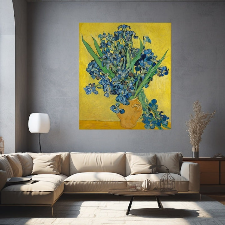 Tableau Iris au Vase Ocre Fond Jaune — Van Gogh, art mural décoration nature