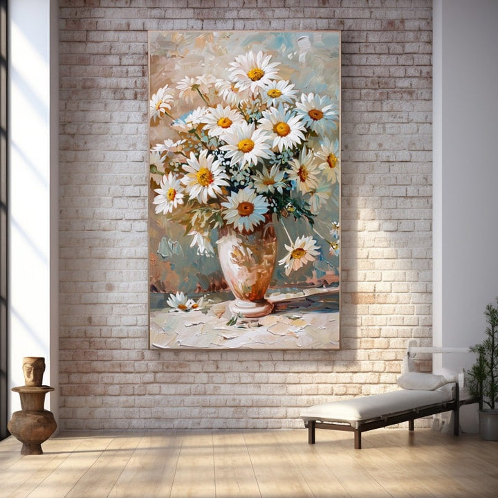 Tableau d'un bouquet de marguerites blanches à cœur jaune dans un vase terracotta, fond beige clair