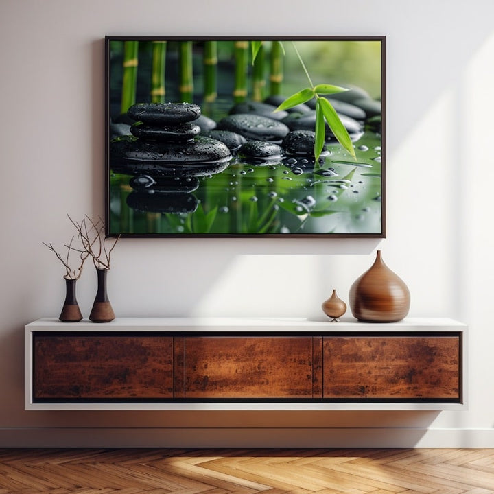 Tableau Zen Bambou Galets, art mural décoration nature