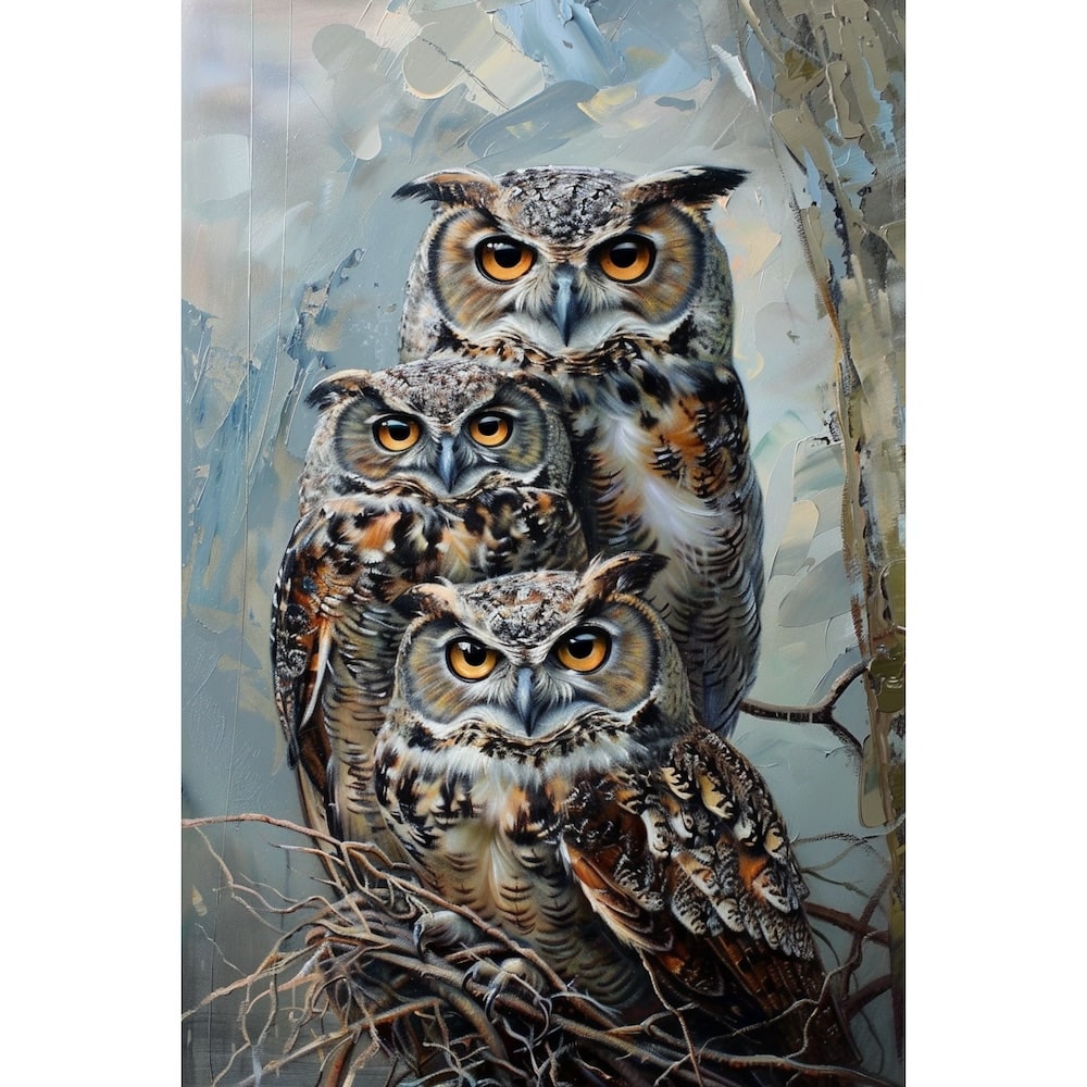 Tableau Chouette Hibou Grand-Duc en Trio, art mural décoration nature