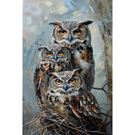 Tableau Chouette Hibou Grand-Duc en Trio, art mural décoration nature