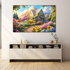 Tableau Cottage au Jardin Fleuri, art mural décoration nature