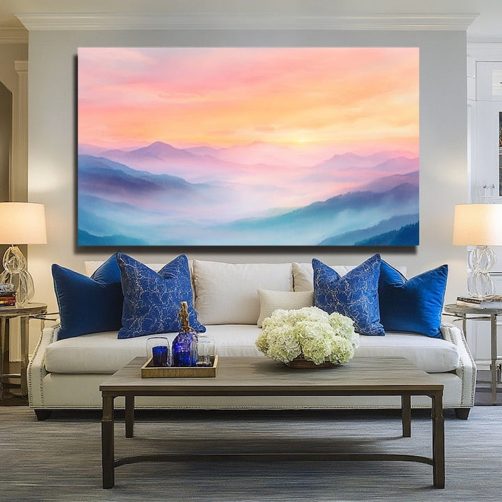 Tableau Ciel d'Aube Pastel sur Montagnes Brumeuses, art mural décoration nature
