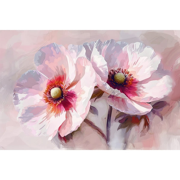 Peinture aquarelle de deux fleurs épanouies rose pâle, tiges pourprées et halo poudré aux nuances lilas