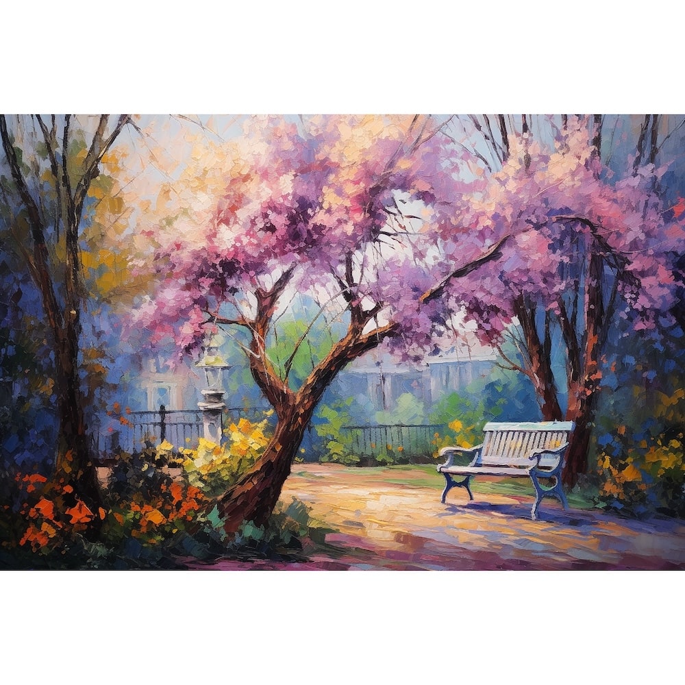 Tableau Jardin au Banc Fleuri, art mural décoration nature