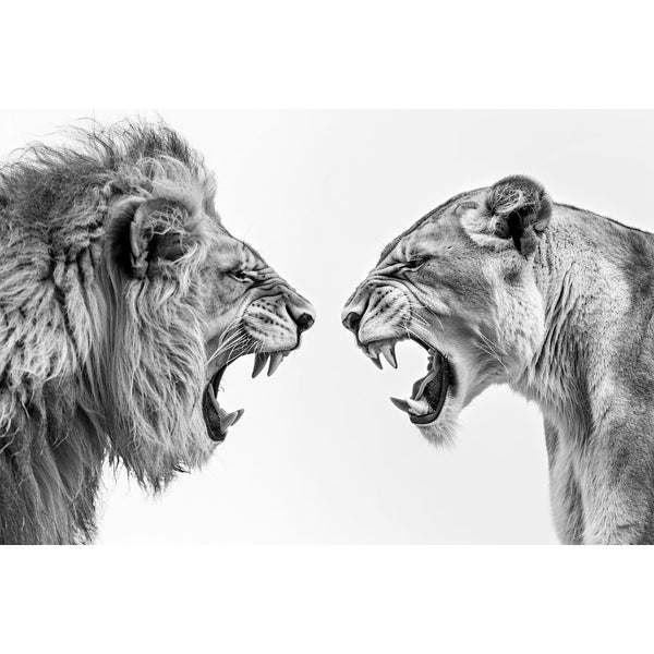 Tableau Lion et Lionne Rugissant Noir et Blanc, art mural décoration nature
