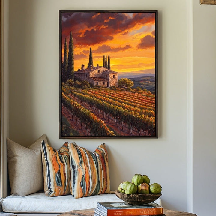 Tableau Mas Provençal au Coucher de Soleil - Cyprès et Champs, art mural décoration nature