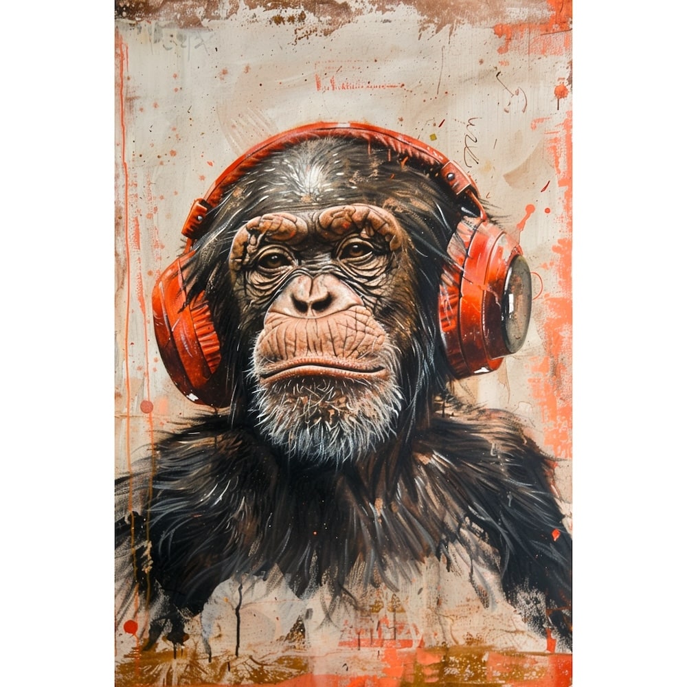 Tableau Singe Casque Musique, art mural décoration nature