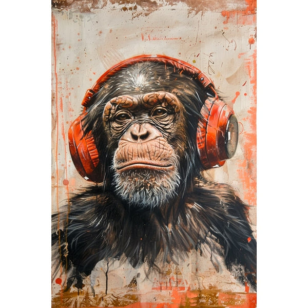 Tableau Singe Casque Musique, art mural décoration nature