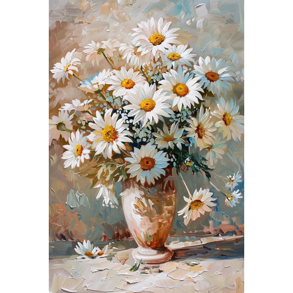 Peinture à l'huile texturée de marguerites épanouies, pétales blancs et reflets bleutés sur la table
