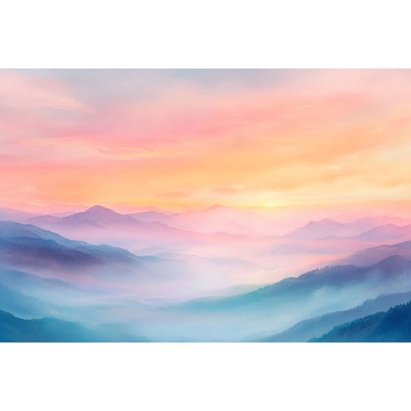 Tableau Ciel d'Aube Pastel sur Montagnes Brumeuses, art mural décoration nature