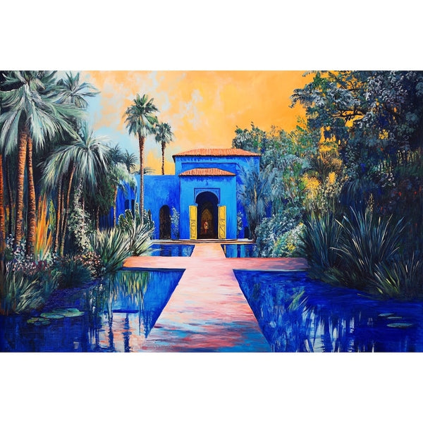 Peinture d'un pavillon marocain bleu au toit de tuiles orange, bassins bleus, palmiers et ciel ambré