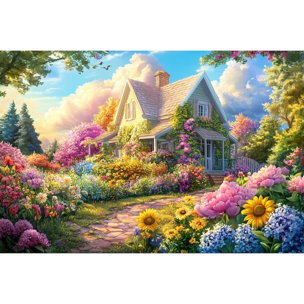 Tableau Cottage au Jardin Fleuri, art mural décoration nature