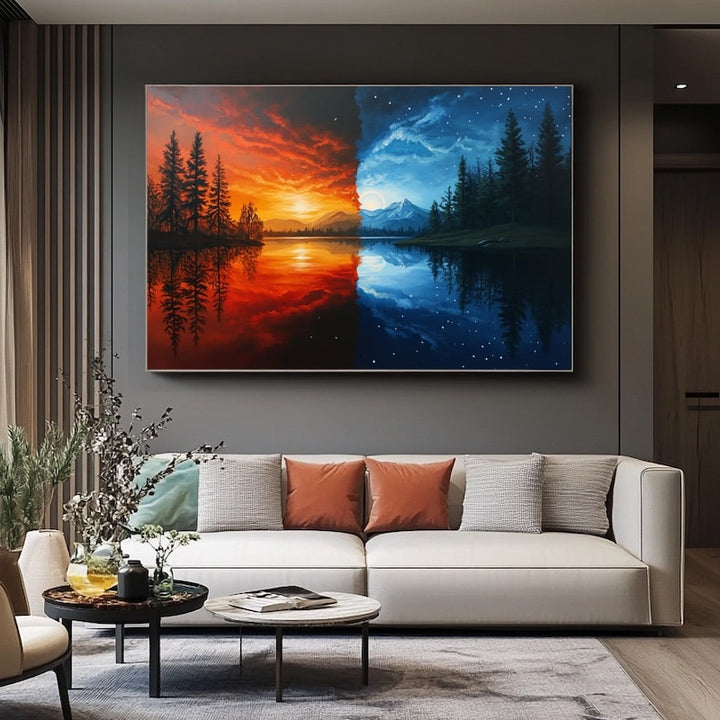 Tableau le Jour et la Nuit Diptyque Crépuscule au Lac, art mural décoration nature
