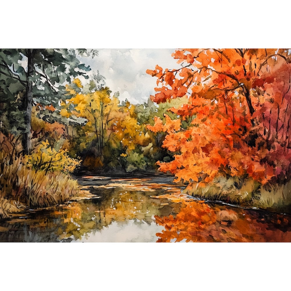 Tableau Forêt d'Automne et Rivière - Érables Flamboyants, art mural décoration nature