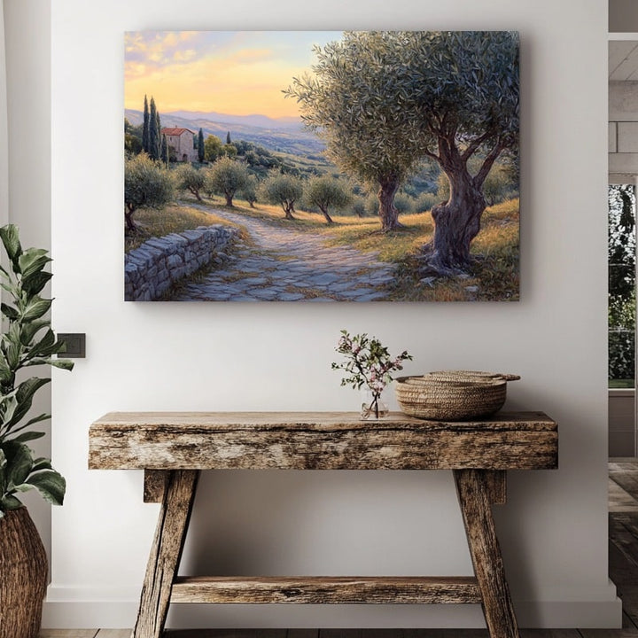 Tableau d'une oliveraie provençale au crépuscule, sentier pavé, muret de pierres et mas aux tuiles rosées