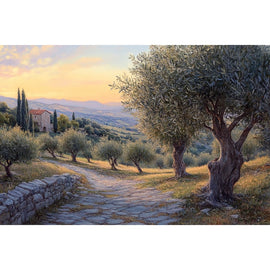 Peinture d'oliviers argentés bordant un chemin de pierre, collines bleutées et ciel orangé du soir