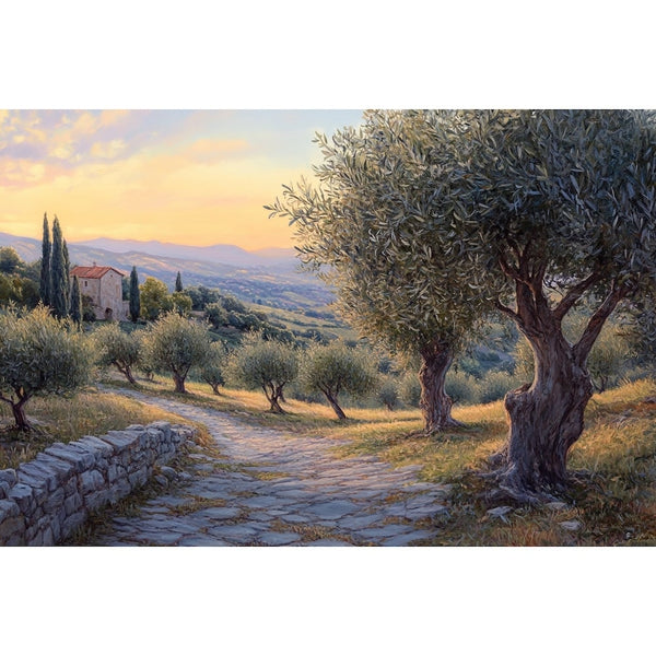 Peinture d'oliviers argentés bordant un chemin de pierre, collines bleutées et ciel orangé du soir