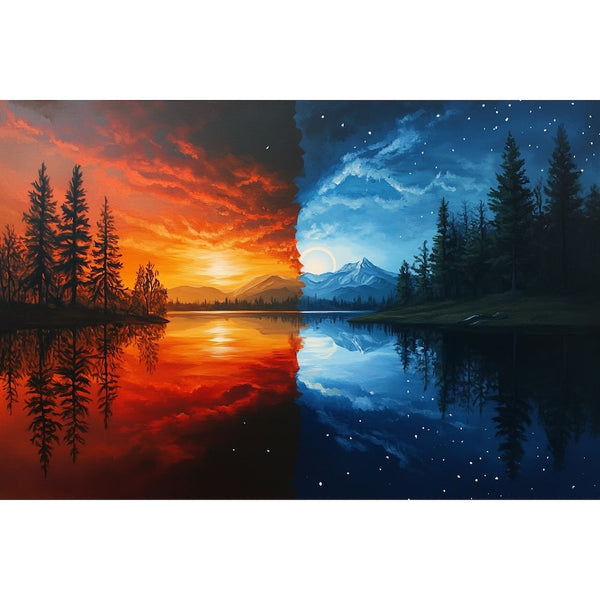 Tableau le Jour et la Nuit Diptyque Crépuscule au Lac, art mural décoration nature