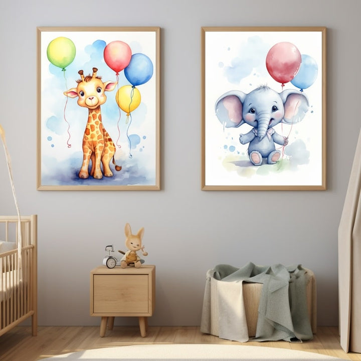 Tableaux Bébé avec Girafe Éléphant, art mural décoration nature