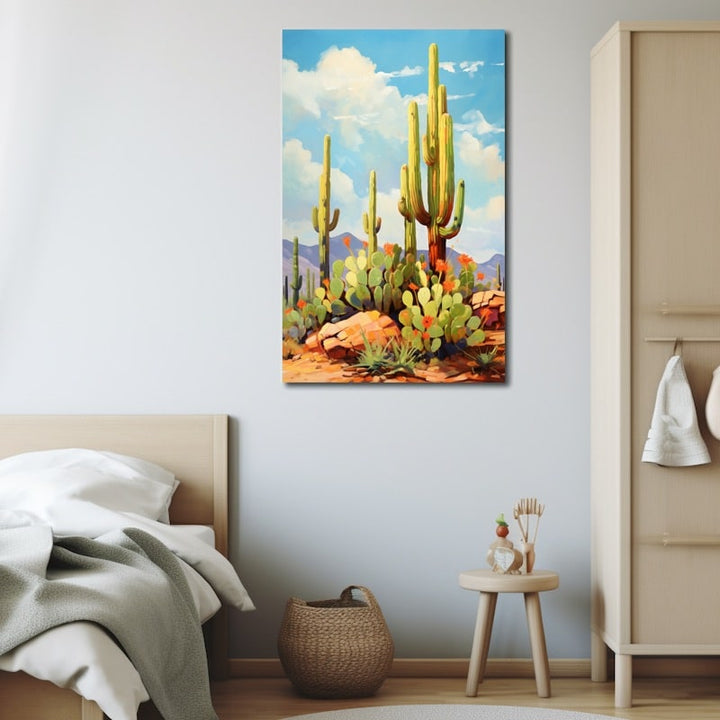 Tableau cactus saguaros et figuiers de Barbarie dans le désert