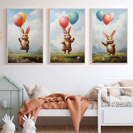 Tableaux Toiles Lapins avec Ballons, art mural décoration nature