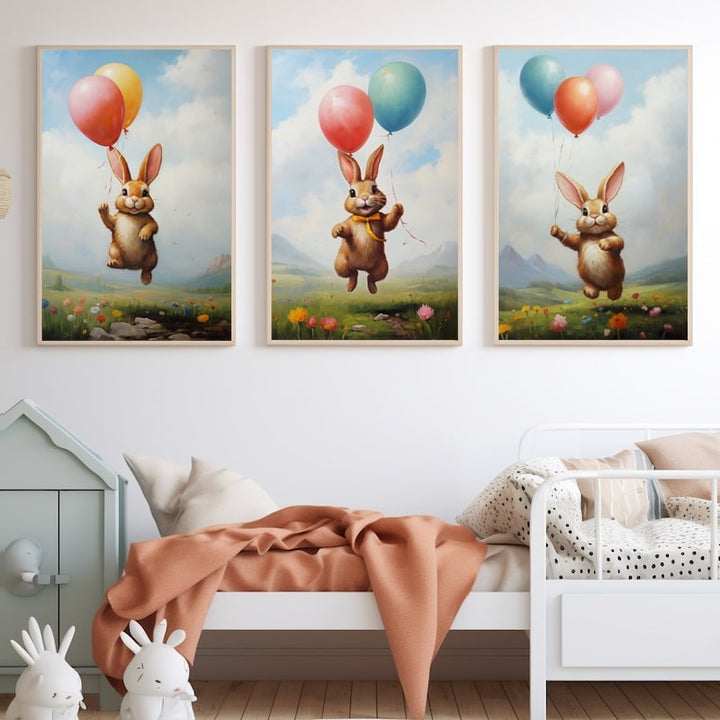 Tableaux Toiles Lapins avec Ballons, art mural décoration nature