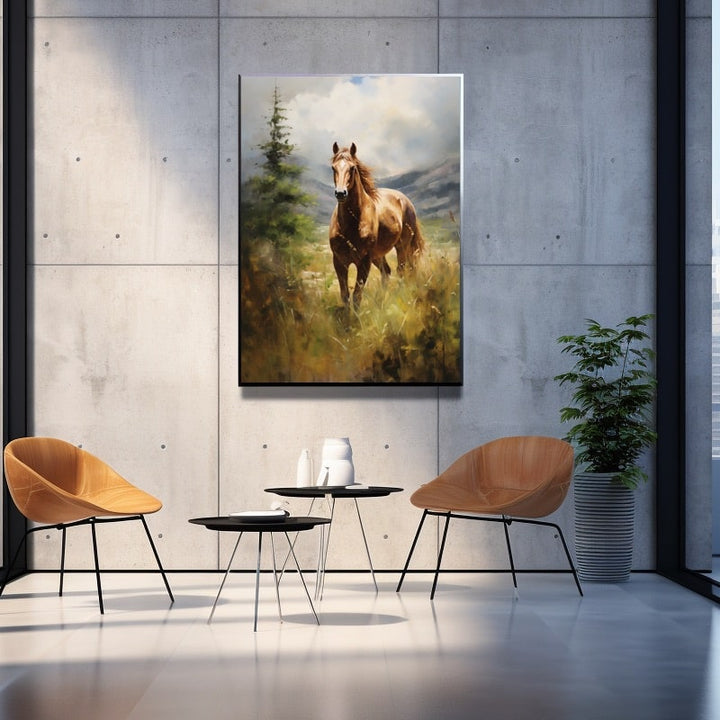 Peinture Cheval en Prairie de Montagne, art mural décoration nature