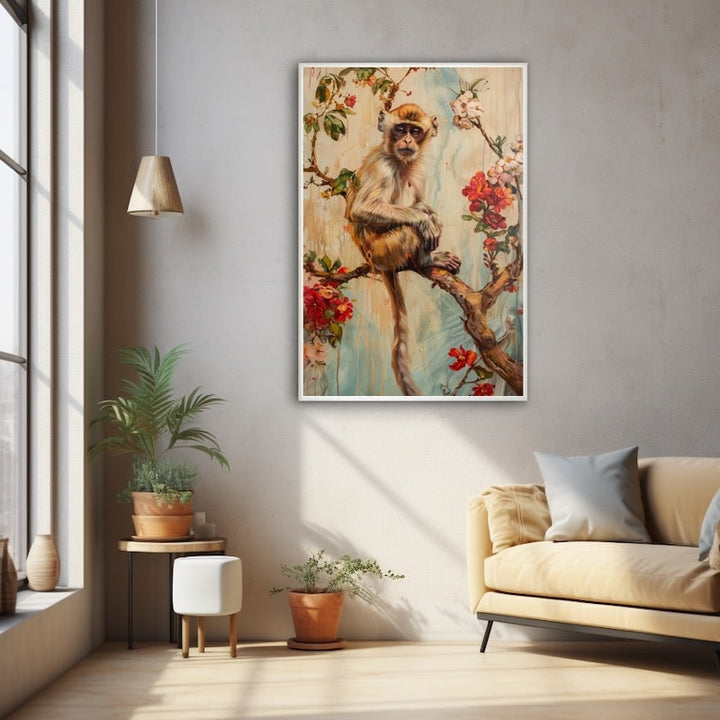 Peinture Singe sur Branche Fleurie, art mural décoration nature