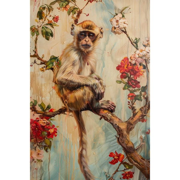 Peinture Singe sur Branche Fleurie, art mural décoration nature