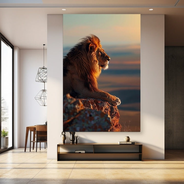Tableau Lion Surveillant la Savane, art mural décoration nature